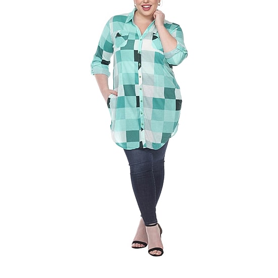White Mark Womens Plus Roll Tab Long Sleeve Regular Fit Stretch Fabric Button-Down Shirt