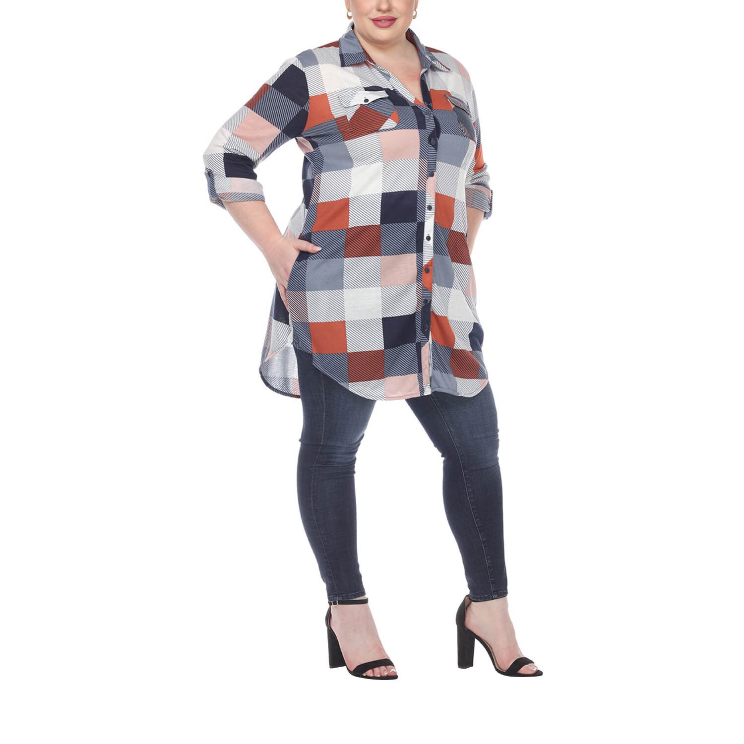 White Mark Womens Plus Roll Tab Long Sleeve Regular Fit Stretch Fabric Button-Down Shirt