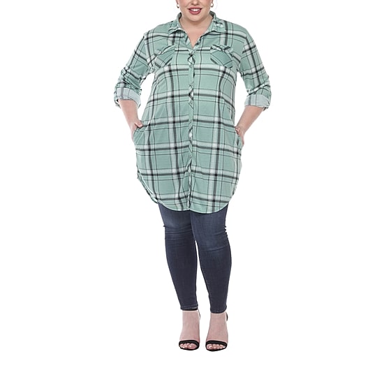 White Mark Womens Plus Roll Tab Long Sleeve Loose Fit Stretch Fabric Button-Down Shirt