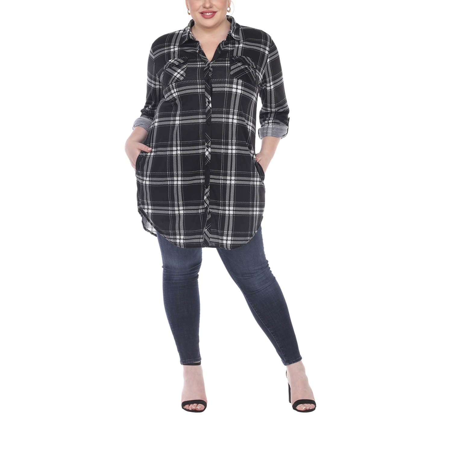 White Mark Womens Plus Roll Tab Long Sleeve Loose Fit Stretch Fabric Button-Down Shirt