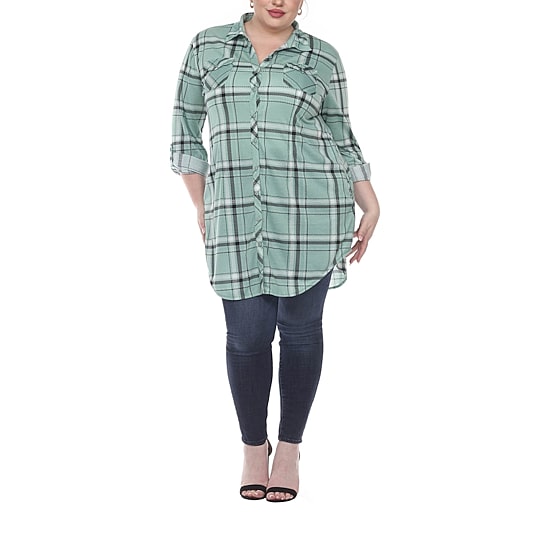 White Mark Womens Plus Roll Tab Long Sleeve Loose Fit Stretch Fabric Button-Down Shirt