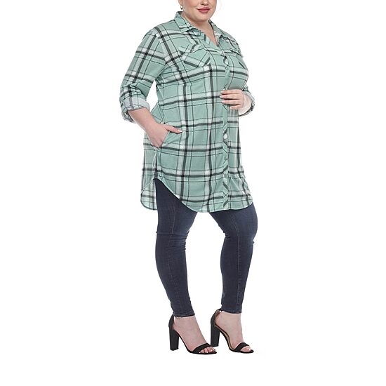 White Mark Womens Plus Roll Tab Long Sleeve Loose Fit Stretch Fabric Button-Down Shirt