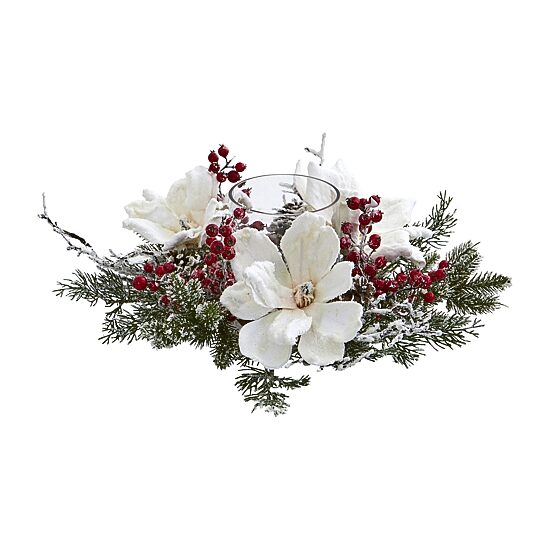 Nearly Natural Magnolia & Berry Arrangement Candelabrum Christmas Tabletop Decor