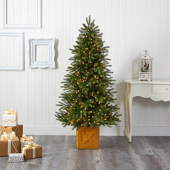 Nearly Natural Faux In Decorative Planter 6 Foot Pre-Lit Fir Christmas Tree