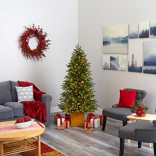 Nearly Natural Faux In Decorative Planter 6 Foot Pre-Lit Fir Christmas Tree