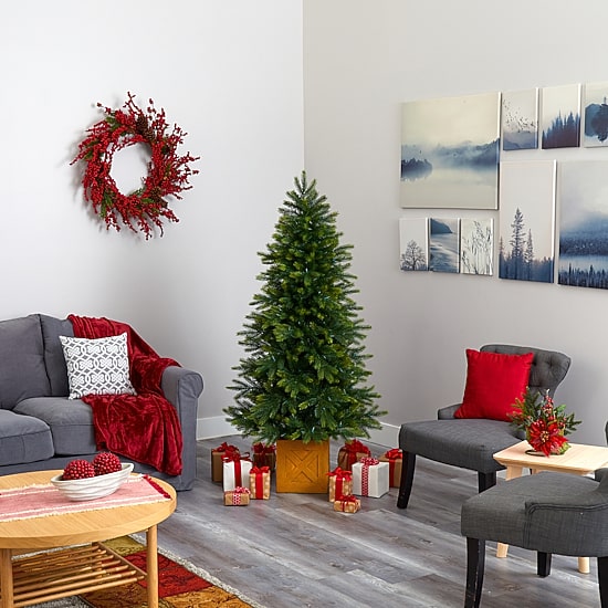 Nearly Natural Faux In Decorative Planter 6 Foot Pre-Lit Fir Christmas Tree