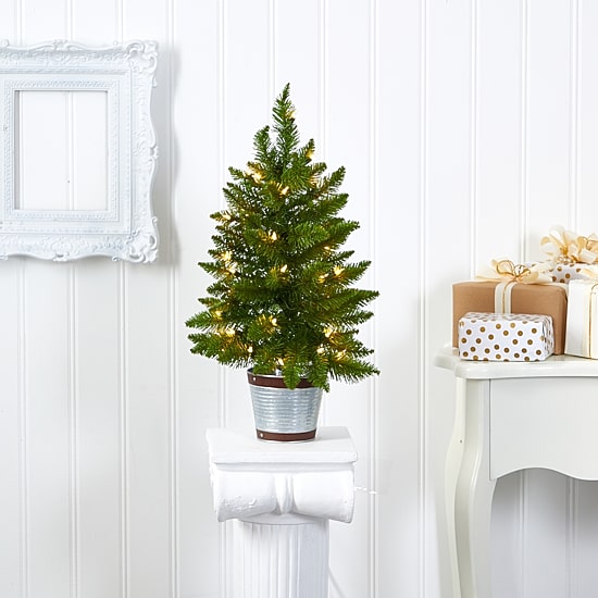 Nearly Natural Faux In Planter 2 Foot Pre-Lit Pine Christmas Tree