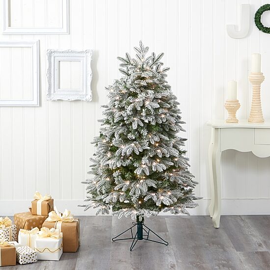 Nearly Natural Flocked Faux 5 Foot Pre-Lit Fir Christmas Tree