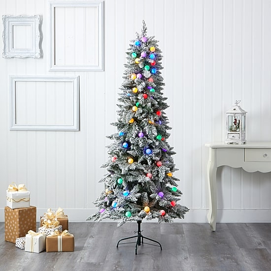 Nearly Natural Flocked Mountain Faux 6 1/2 Foot Pre-Lit Fir Christmas Tree