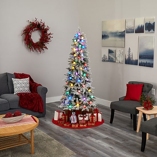 Nearly Natural Flocked Mountain Faux 6 1/2 Foot Pre-Lit Fir Christmas Tree