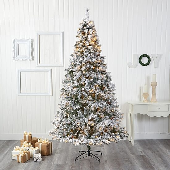 Nearly Natural Flocked Mountain Faux 8 Foot Pre-Lit Pine Christmas Tree