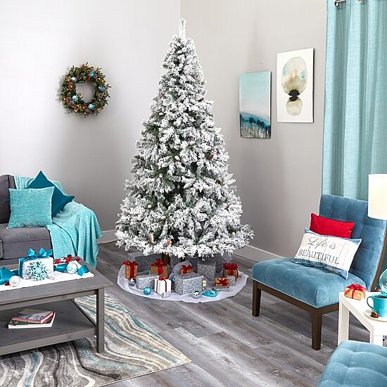 Nearly Natural Flocked Mountain Faux 8 Foot Pre-Lit Pine Christmas Tree