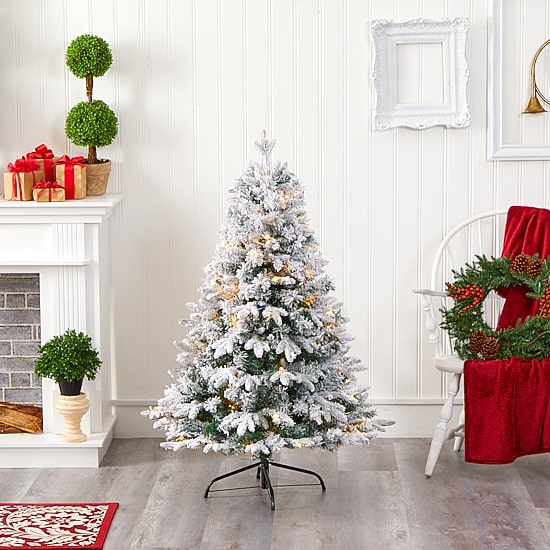 Nearly Natural Flocked Mixed 4 Foot Pre-Lit Pine Christmas Tree