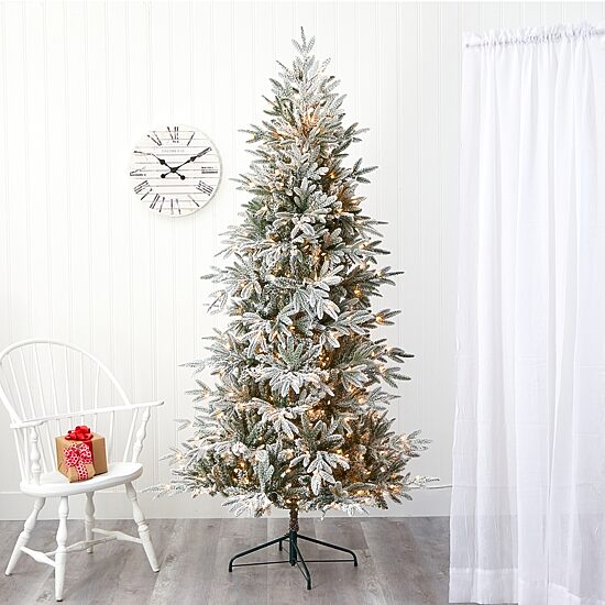 Nearly Natural Flocked 7 1/2 Foot Pre-Lit Spruce Christmas Tree