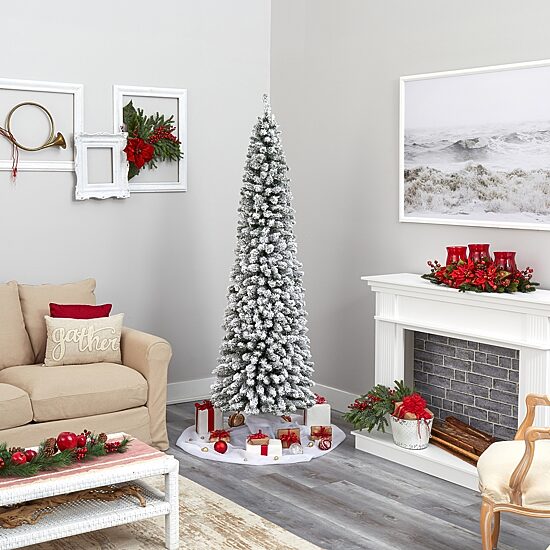 Nearly Natural Flocked Pencil 7 Foot Christmas Tree