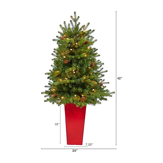 Nearly Natural Prein Red Planter 3 1/2 Foot Pre-Lit Fir Christmas Tree