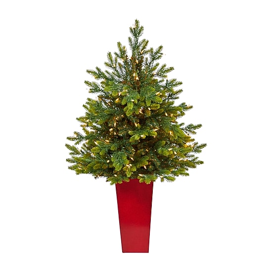 Nearly Natural In Red Planter 4 Foot Pre-Lit Fir Christmas Tree