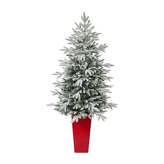 Nearly Natural Flocked In Planter 5 Foot Pre-Lit Spruce Christmas Tree