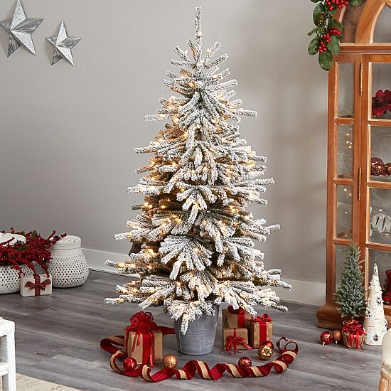 Nearly Natural Flocke Faux 6 Foot Pre-Lit Pine Christmas Tree