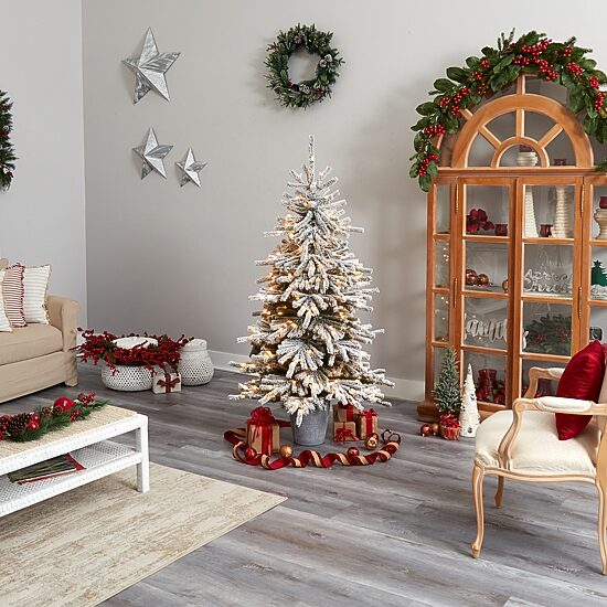 Nearly Natural Flocke Faux 6 Foot Pre-Lit Pine Christmas Tree