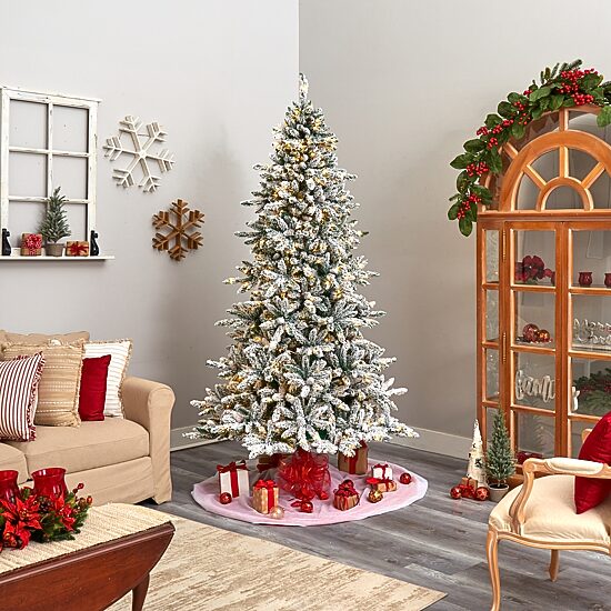 Nearly Natural Flocked Faux 8 Foot Pre-Lit Fir Christmas Tree