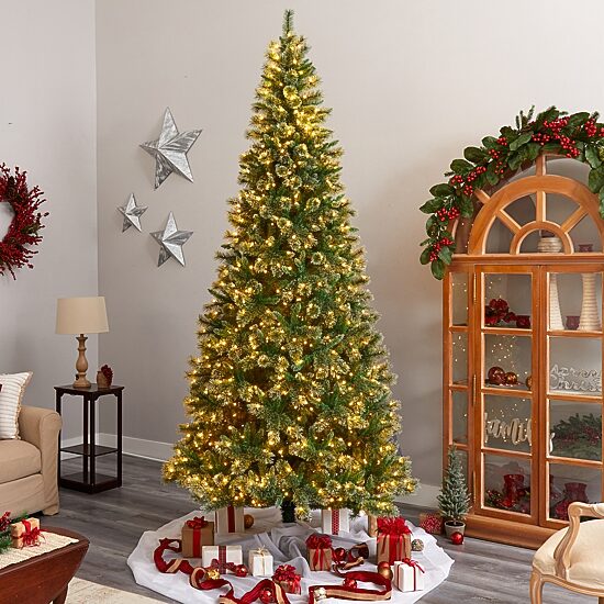 Nearly Natural Slim Snow Faux 10 Foot Pre-Lit Pine Christmas Tree