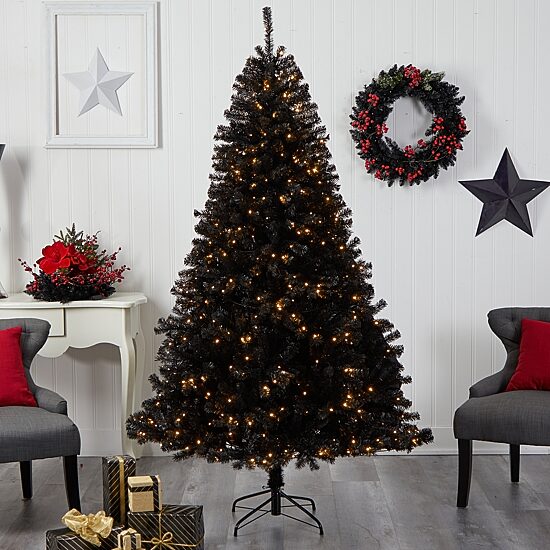 Nearly Natural Black Faux 7 Foot Pre-Lit Christmas Tree