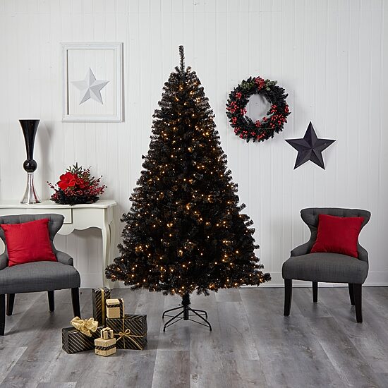 Nearly Natural Black Faux 7 Foot Pre-Lit Christmas Tree