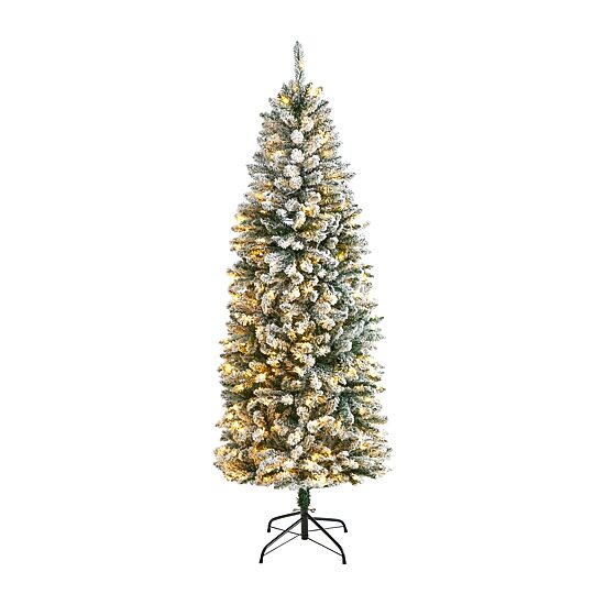 Nearly Natural Slim Flocked Faux 6 Foot Pre-Lit Fir Christmas Tree