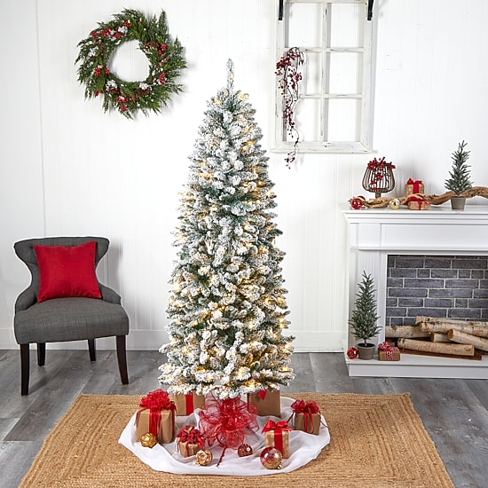 Nearly Natural Slim Flocked Faux 6 Foot Pre-Lit Fir Christmas Tree