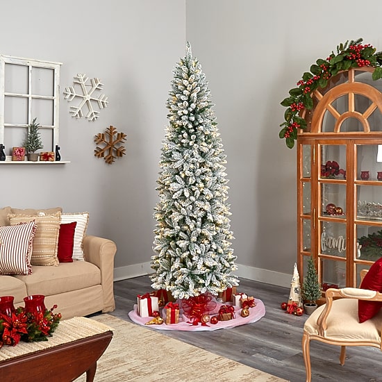 Nearly Natural Slim Flocked Faux 8 Foot Pre-Lit Fir Christmas Tree