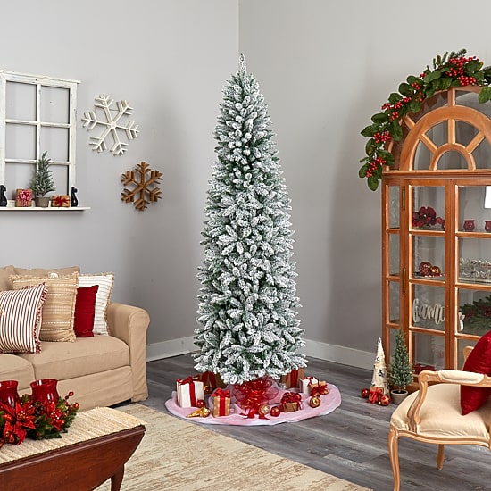 Nearly Natural Slim Flocked Faux 8 Foot Pre-Lit Fir Christmas Tree
