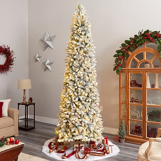 Nearly Natural Slim Flocked Faux 10 Foot Pre-Lit Fir Christmas Tree