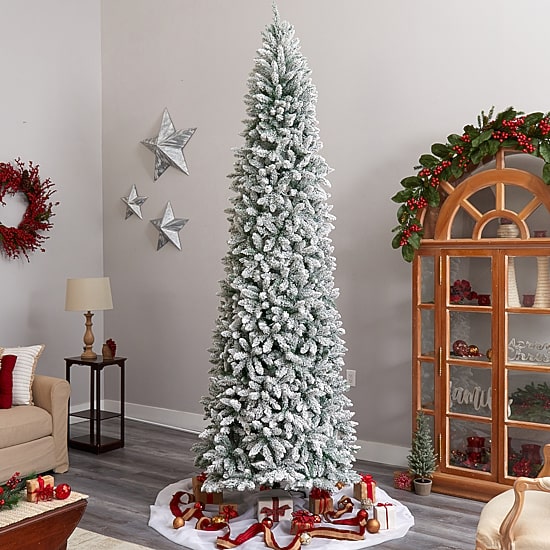 Nearly Natural Slim Flocked Faux 10 Foot Pre-Lit Fir Christmas Tree