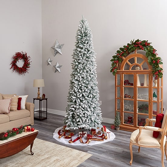 Nearly Natural Slim Flocked Faux 10 Foot Pre-Lit Fir Christmas Tree