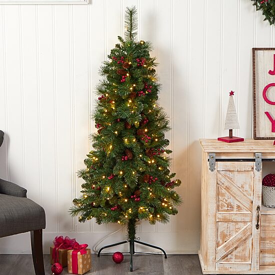 Nearly Natural Flat Back Faux 5 Foot Pre-Lit Pine Christmas Tree