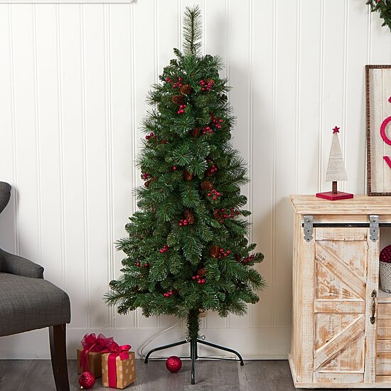 Nearly Natural Flat Back Faux 5 Foot Pre-Lit Pine Christmas Tree