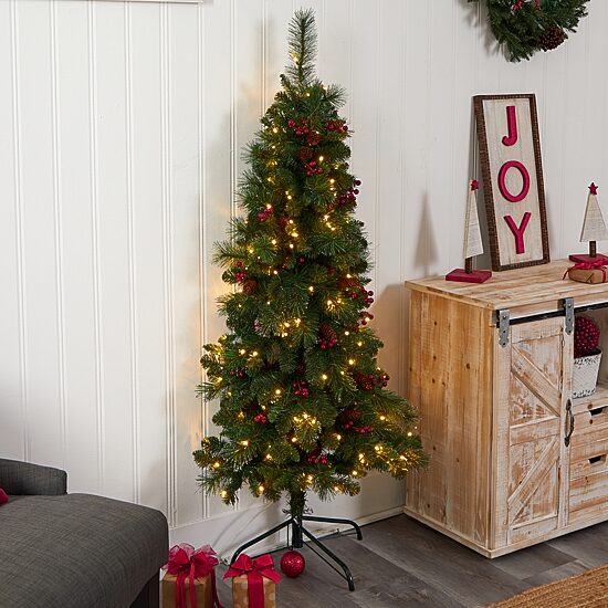 Nearly Natural Flat Back Faux 5 Foot Pre-Lit Pine Christmas Tree
