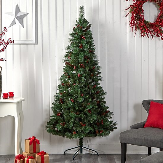 Nearly Natural Flat Back Faux 7 Foot Pre-Lit Pine Christmas Tree