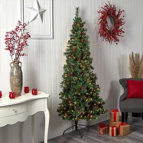 Nearly Natural Flat Back Faux 7 Foot Pre-Lit Pine Christmas Tree