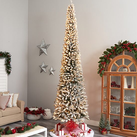 Nearly Natural Flocked Pencil Faux 12 Foot Pre-Lit Christmas Tree