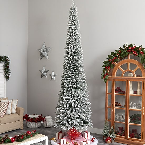 Nearly Natural Flocked Pencil Faux 12 Foot Pre-Lit Christmas Tree