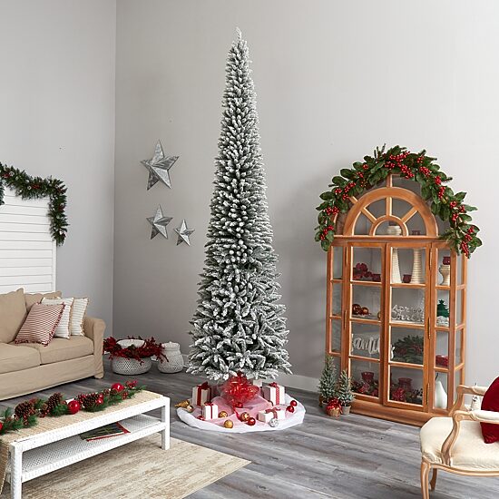 Nearly Natural Flocked Pencil Faux 12 Foot Pre-Lit Christmas Tree