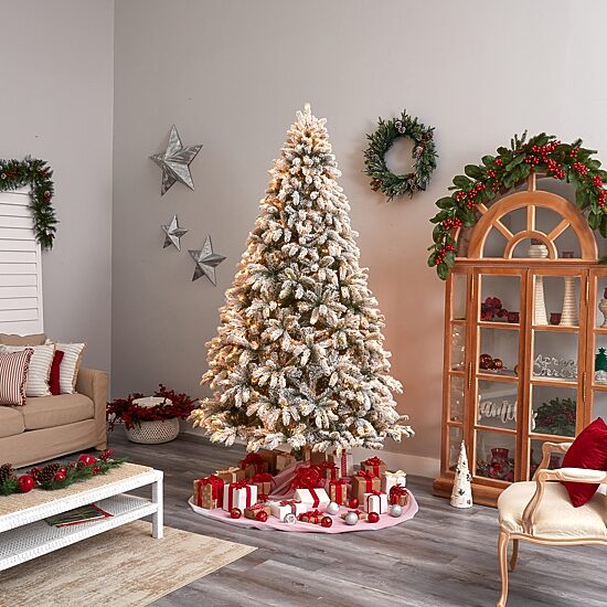 Nearly Natural Flocked Faux 9 Foot Pre-Lit Spruce Christmas Tree