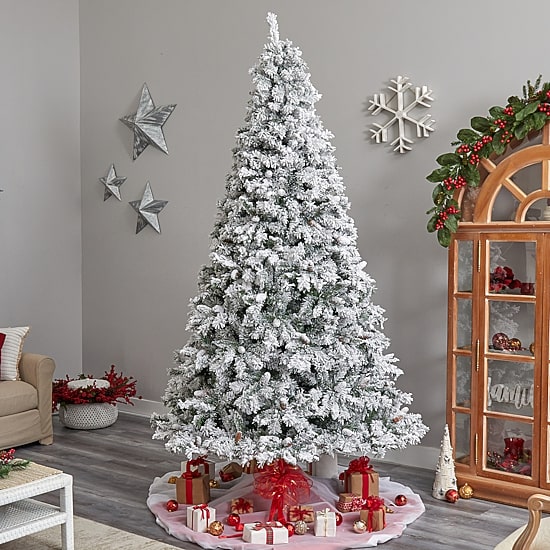 Nearly Natural Flocked Mountain Faux 9 Foot Pre-Lit Pine Christmas Tree