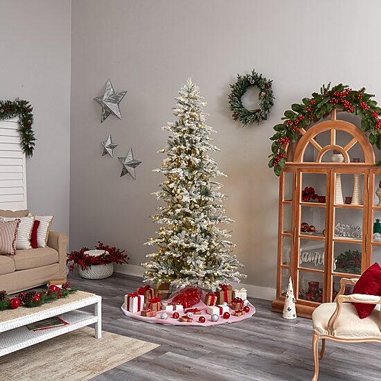 Nearly Natural Slim Flocked Faux 8 1/2 Foot Pre-Lit Spruce Christmas Tree