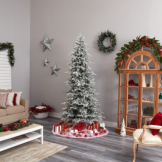 Nearly Natural Slim Flocked Faux 8 1/2 Foot Pre-Lit Spruce Christmas Tree