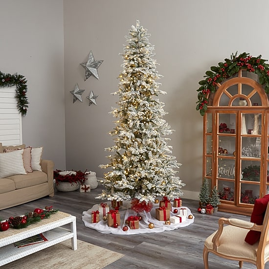 Nearly Natural Slim Flocked Faux 9 1/2 Foot Pre-Lit Spruce Christmas Tree