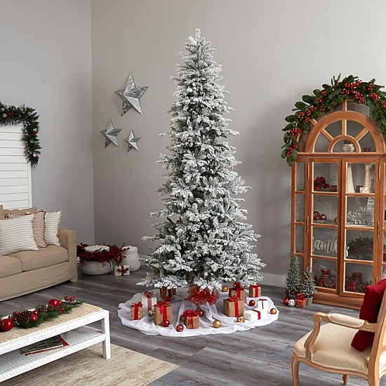 Nearly Natural Slim Flocked Faux 9 1/2 Foot Pre-Lit Spruce Christmas Tree