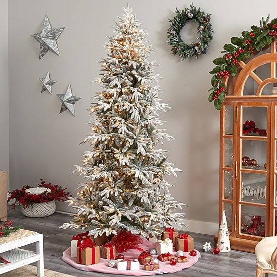 Nearly Natural Flocked Faux 8 1/2 Foot Pre-Lit Spruce Christmas Tree